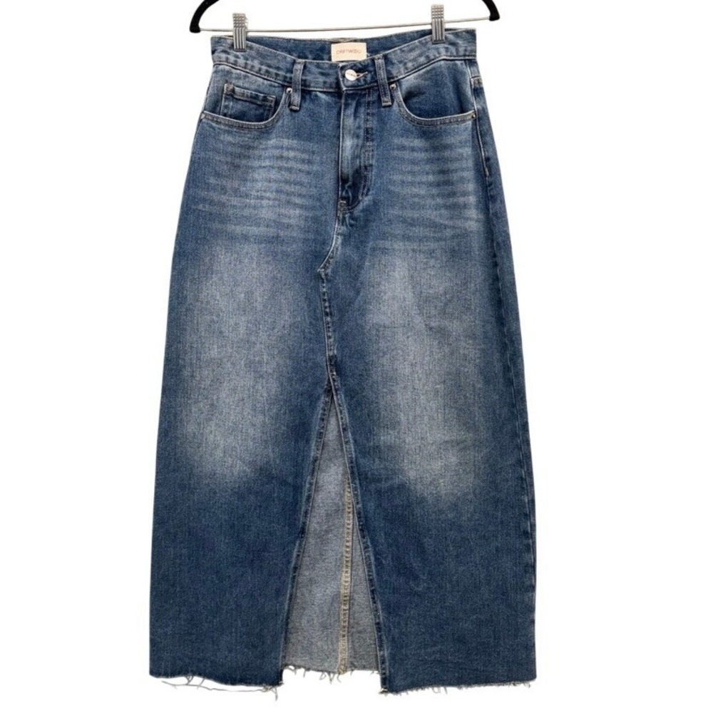 Driftwood Denim Maxi Skirt Large Wash Front Slit Raw Hem Size L 29 Waist
